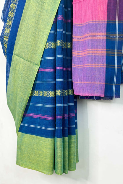 Dodger Blue Stripes Cotton Dhaniakhali Saree with Ganga Jamuna Border