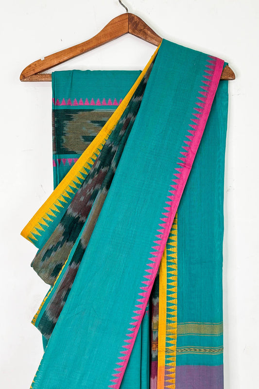 Tute Cotton Dhaniakhali Saree with Woven Ikkat Stries