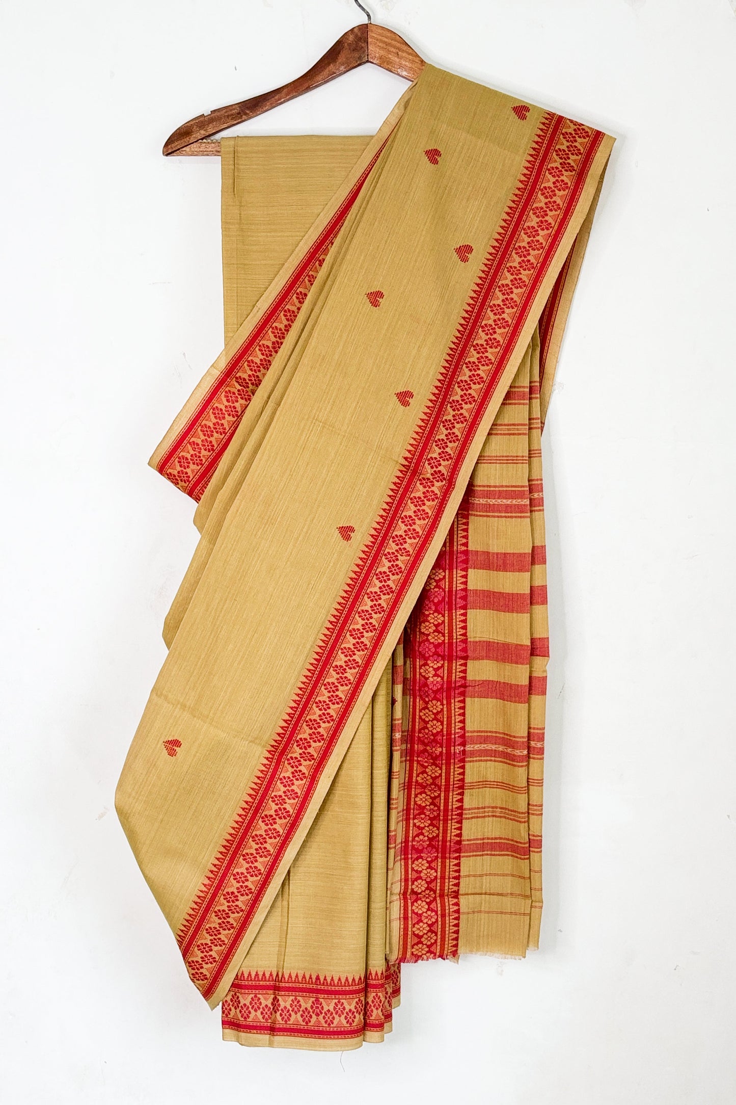 Camel Beige Cotton Dhaniakhali Saree with Woven Love Motifs and Red Borders