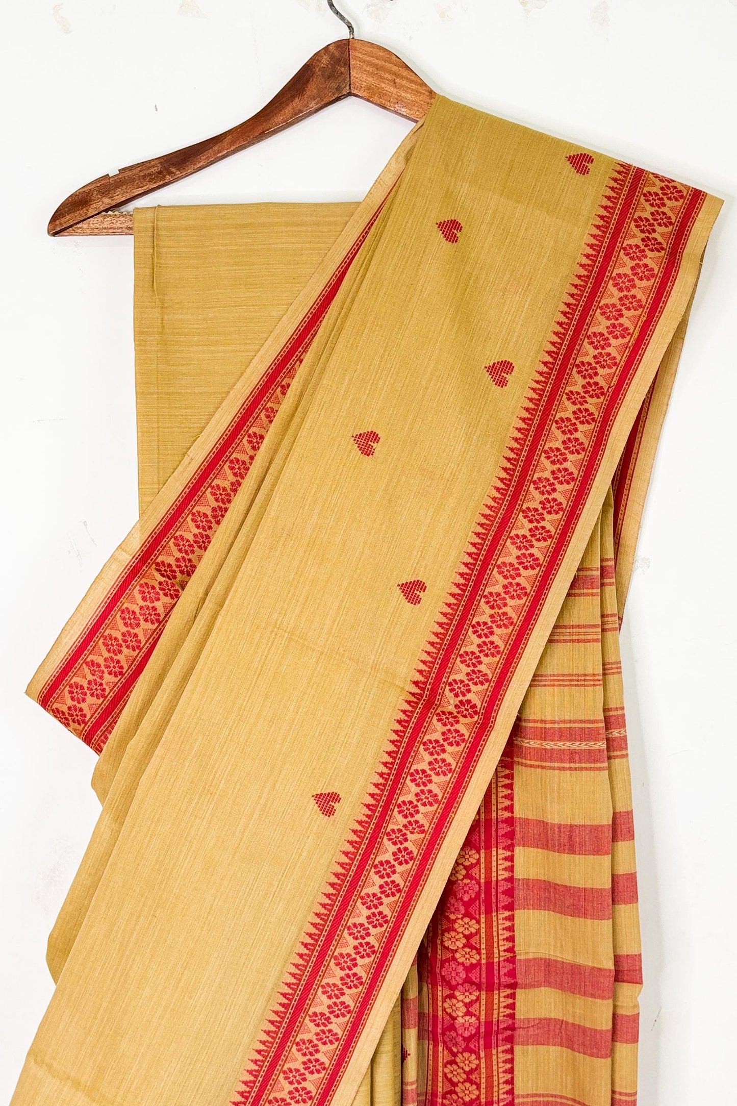 Camel Beige Cotton Dhaniakhali Saree with Woven Love Motifs and Red Borders