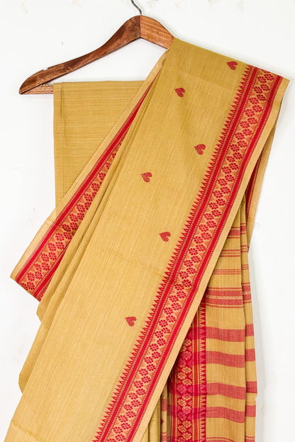 Camel Beige Cotton Dhaniakhali Saree with Woven Love Motifs and Red Borders