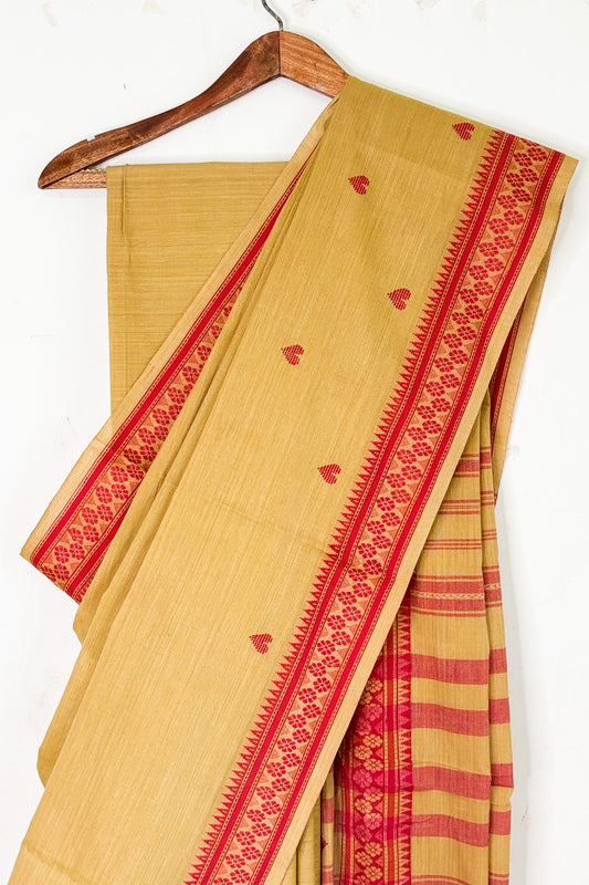Camel Beige Cotton Dhaniakhali Saree with Woven Love Motifs and Red Borders