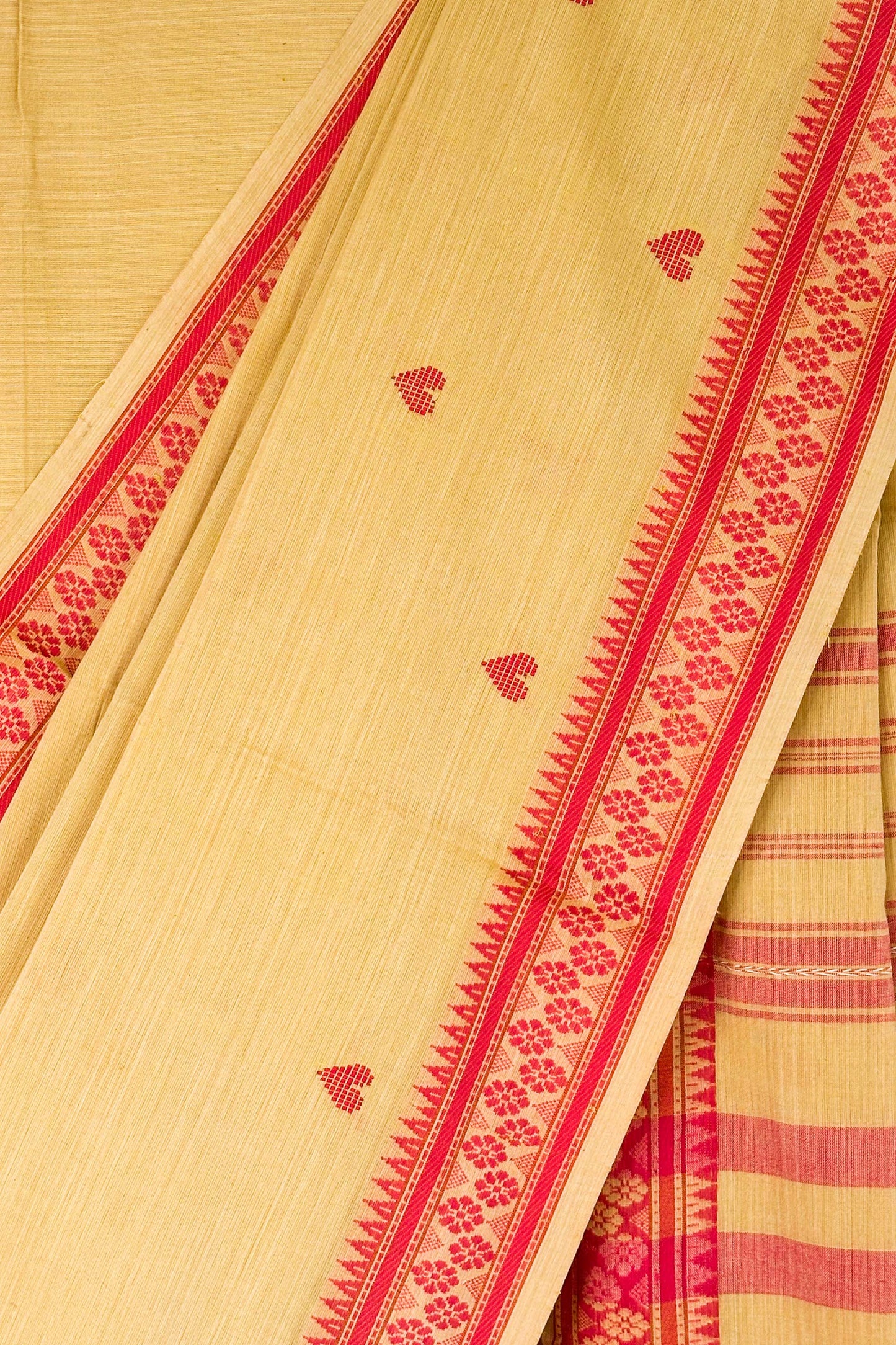 Camel Beige Cotton Dhaniakhali Saree with Woven Love Motifs and Red Borders