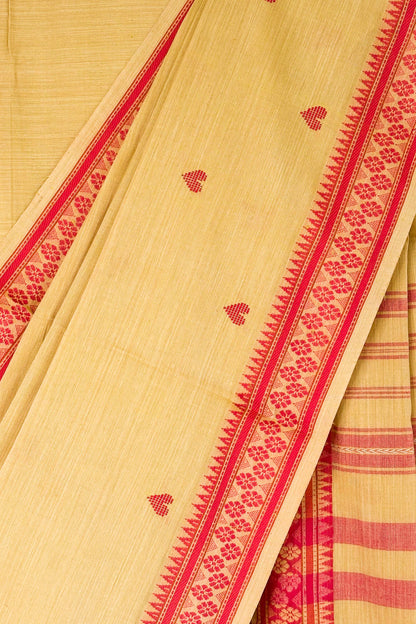 Camel Beige Cotton Dhaniakhali Saree with Woven Love Motifs and Red Borders