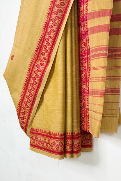 Camel Beige Cotton Dhaniakhali Saree with Woven Love Motifs and Red Borders