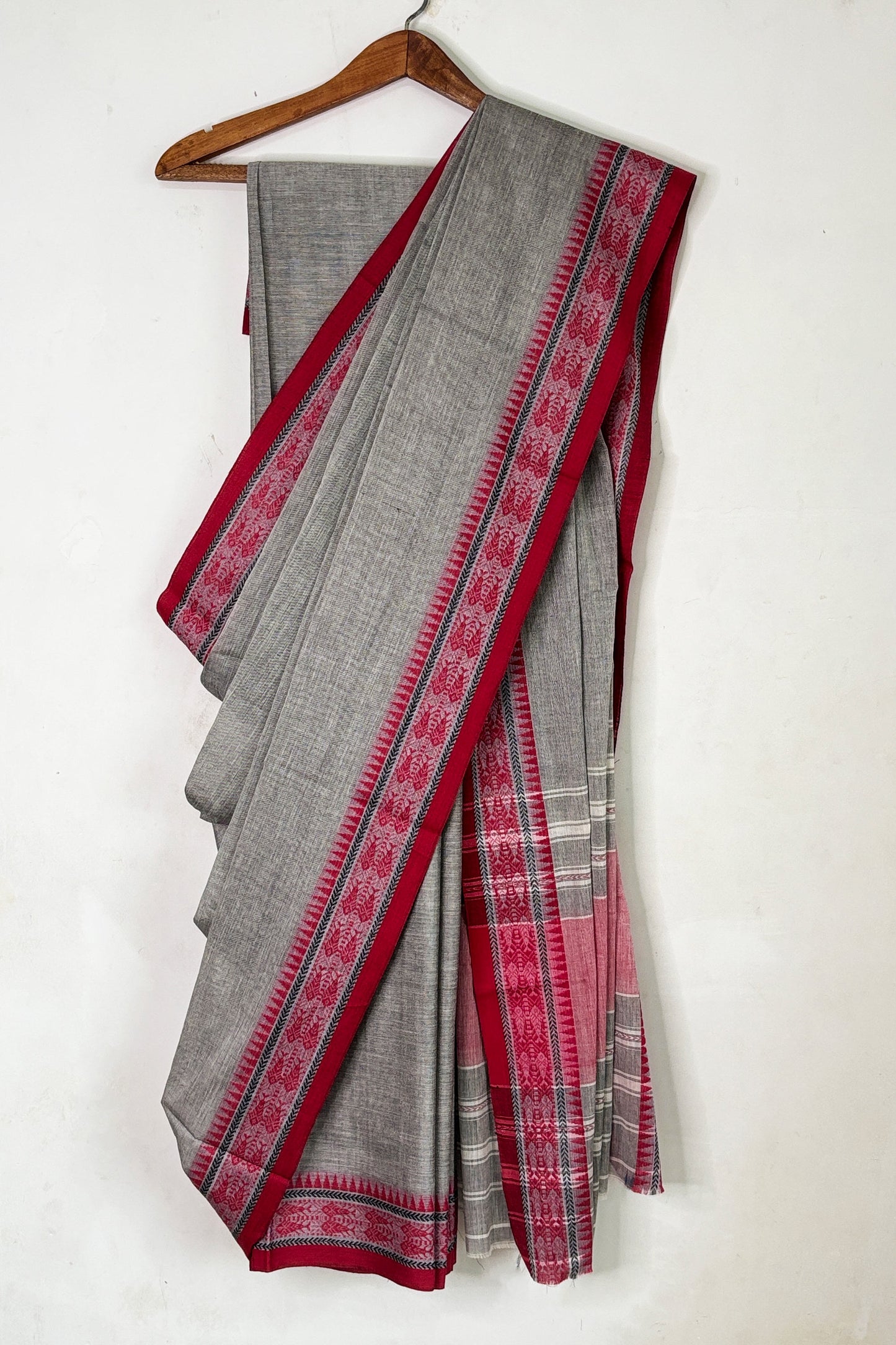 Grey Cotton Dhaniakhali Saree with Red Fish Woven Border