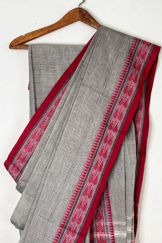 Grey Cotton Dhaniakhali Saree with Red Fish Woven Border