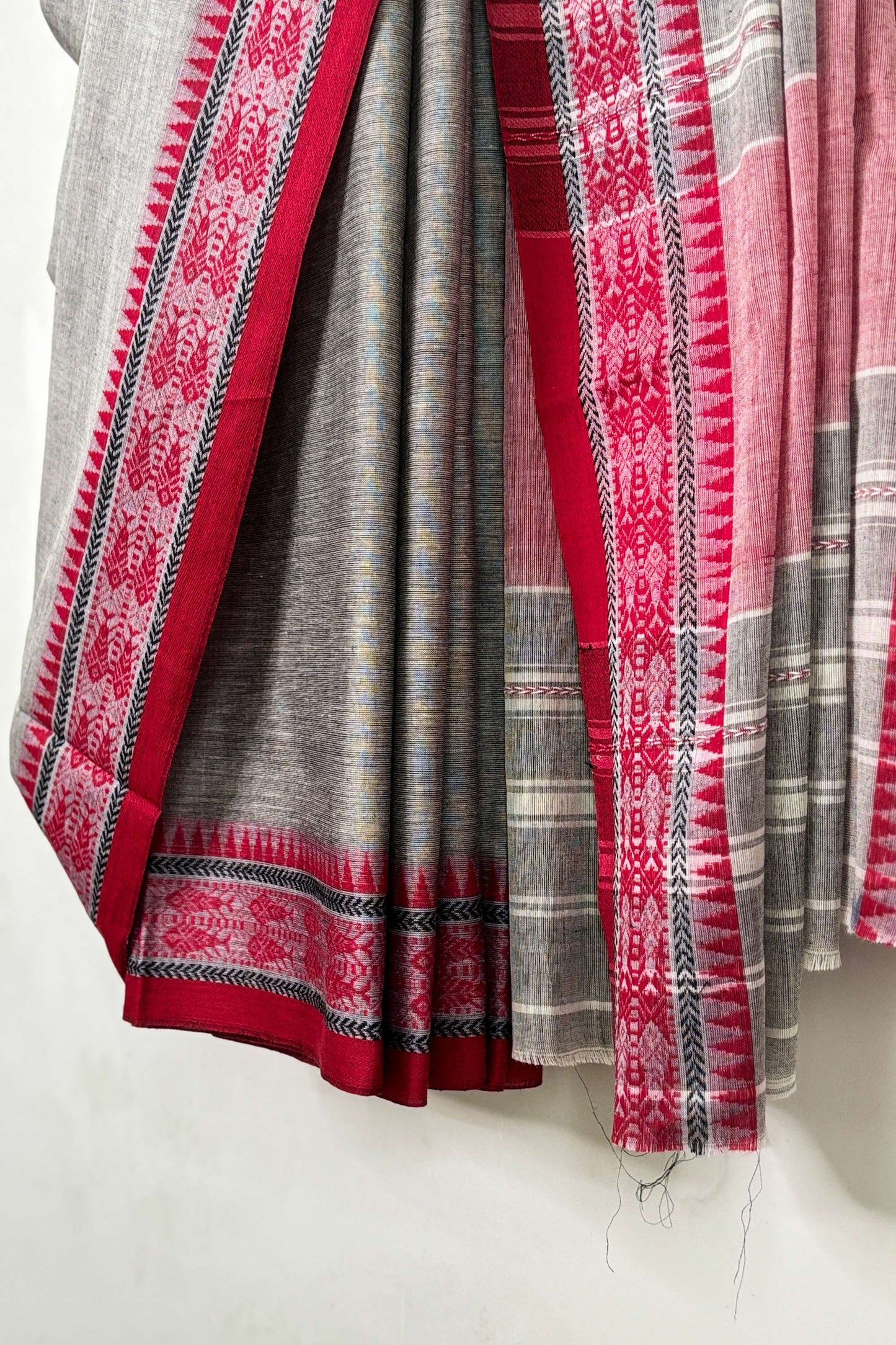 Grey Cotton Dhaniakhali Saree with Red Fish Woven Border