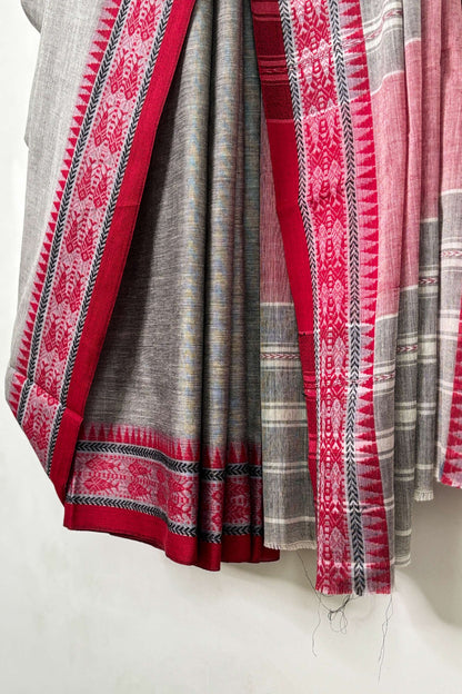 Grey Cotton Dhaniakhali Saree with Red Fish Woven Border