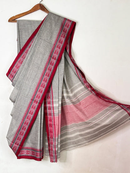 Grey Cotton Dhaniakhali Saree with Red Fish Woven Border