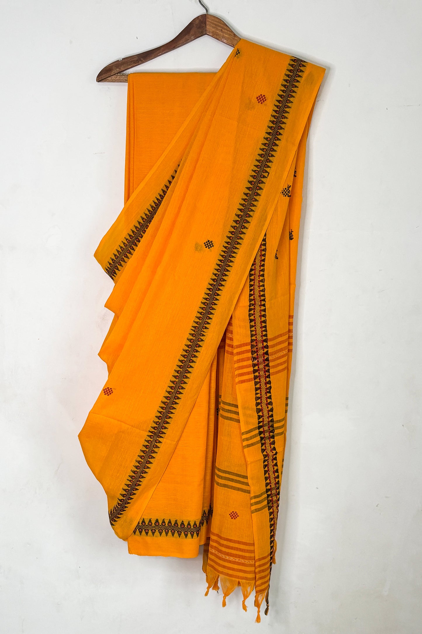 Saffron Yellow Cotton Dhaniakhali Saree with Black Woven Border