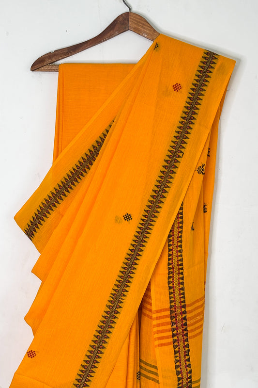 Saffron Yellow Cotton Dhaniakhali Saree with Black Woven Border