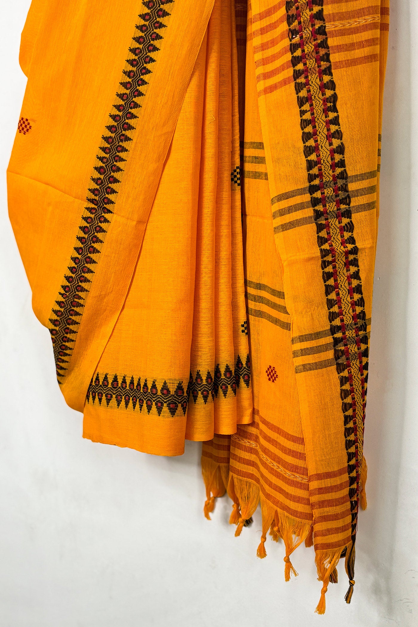 Saffron Yellow Cotton Dhaniakhali Saree with Black Woven Border