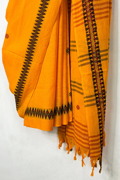 Saffron Yellow Cotton Dhaniakhali Saree with Black Woven Border