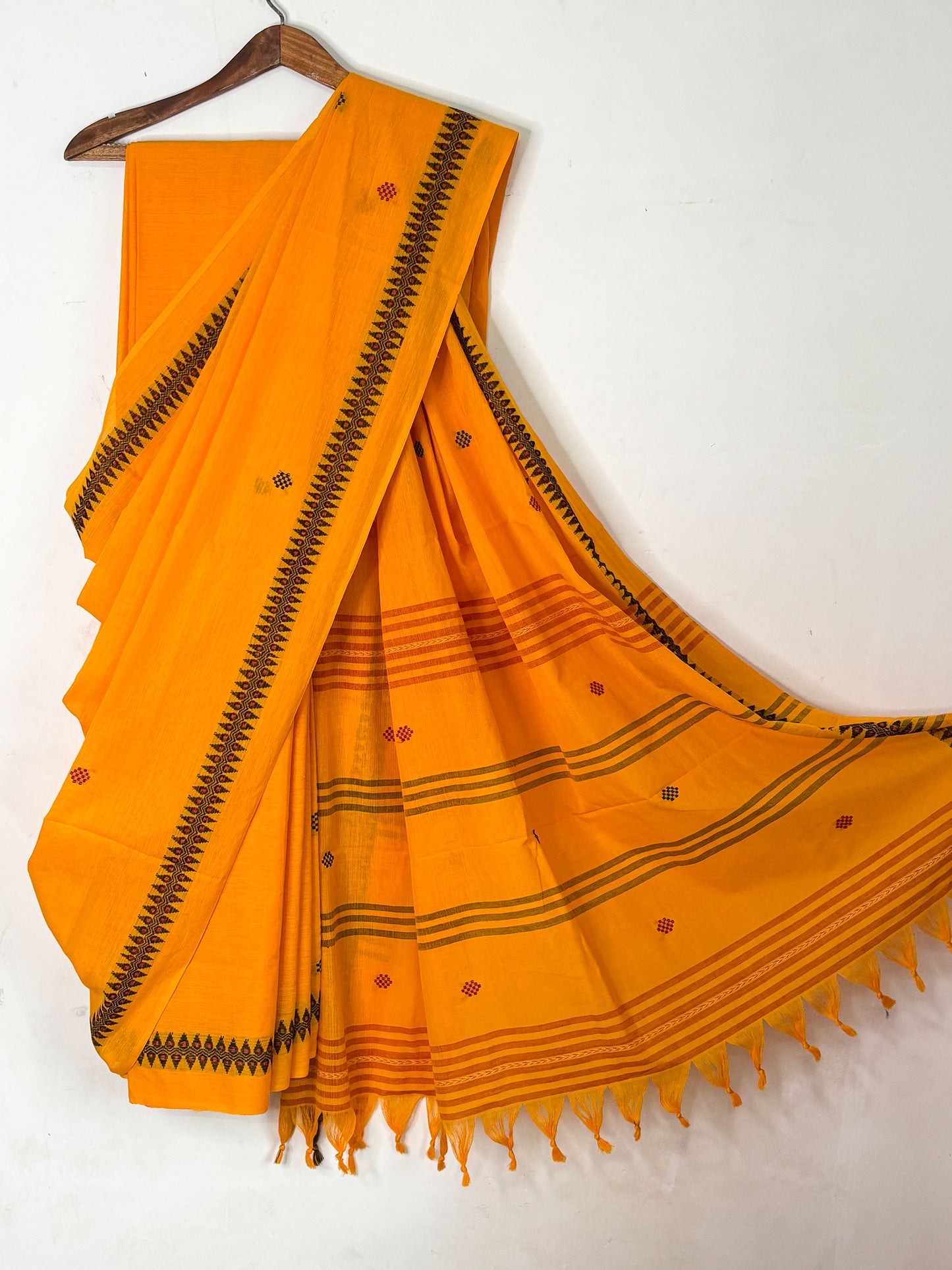 Saffron Yellow Cotton Dhaniakhali Saree with Black Woven Border
