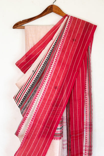 Dudhe Alta Woven Madhyamani Stripes Cotton Dhaniakhali Saree