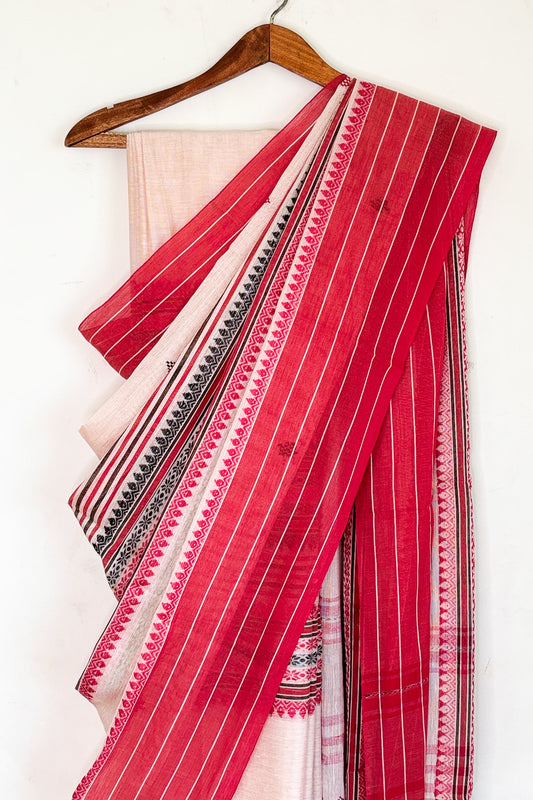 Dudhe Alta Woven Madhyamani Stripes Cotton Dhaniakhali Saree