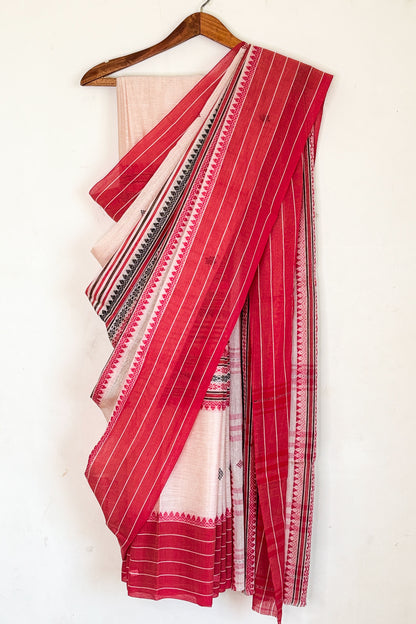 Dudhe Alta Woven Madhyamani Stripes Cotton Dhaniakhali Saree