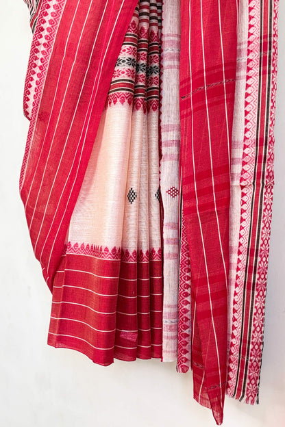 Dudhe Alta Woven Madhyamani Stripes Cotton Dhaniakhali Saree