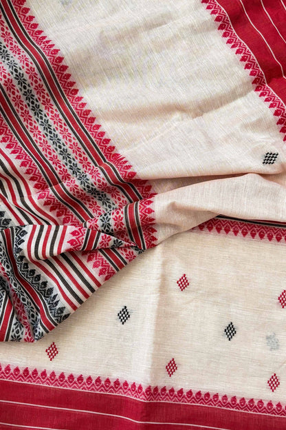 Dudhe Alta Woven Madhyamani Stripes Cotton Dhaniakhali Saree