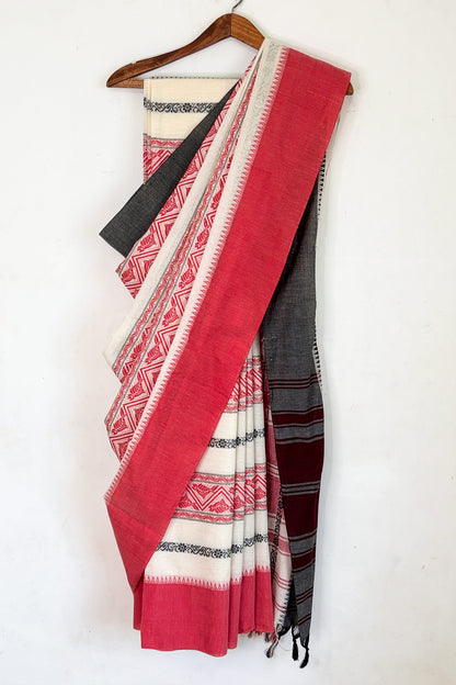White Red Fish Woven Stripe Cotton Dhaniakhali Saree Ganga Jamuna Border