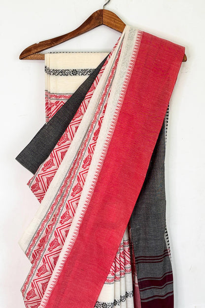 White Red Fish Woven Stripe Cotton Dhaniakhali Saree Ganga Jamuna Border