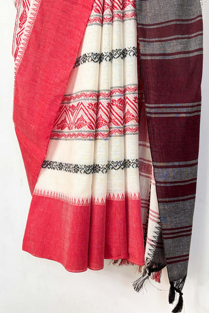 White Red Fish Woven Stripe Cotton Dhaniakhali Saree Ganga Jamuna Border