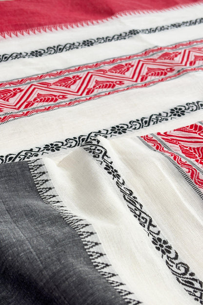White Red Fish Woven Stripe Cotton Dhaniakhali Saree Ganga Jamuna Border