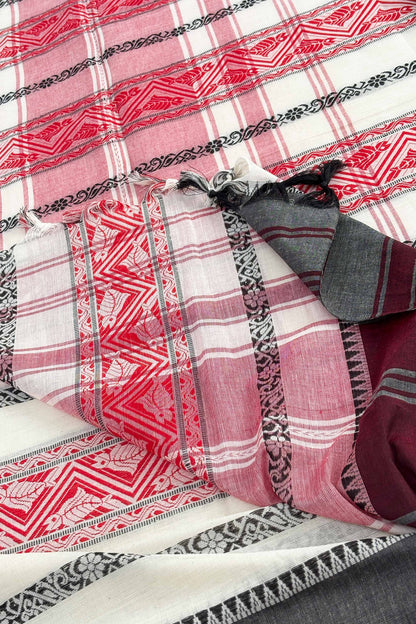 White Red Fish Woven Stripe Cotton Dhaniakhali Saree Ganga Jamuna Border