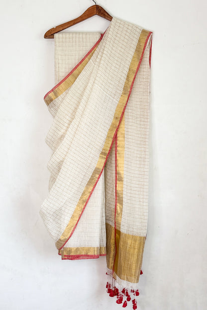 White Zari Check Linen Saree with Zari Palla