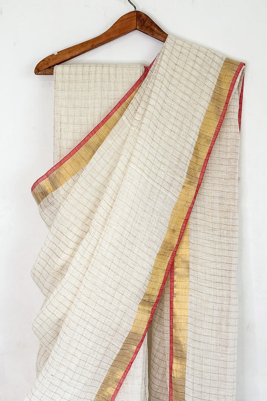 White Zari Check Linen Saree with Zari Palla