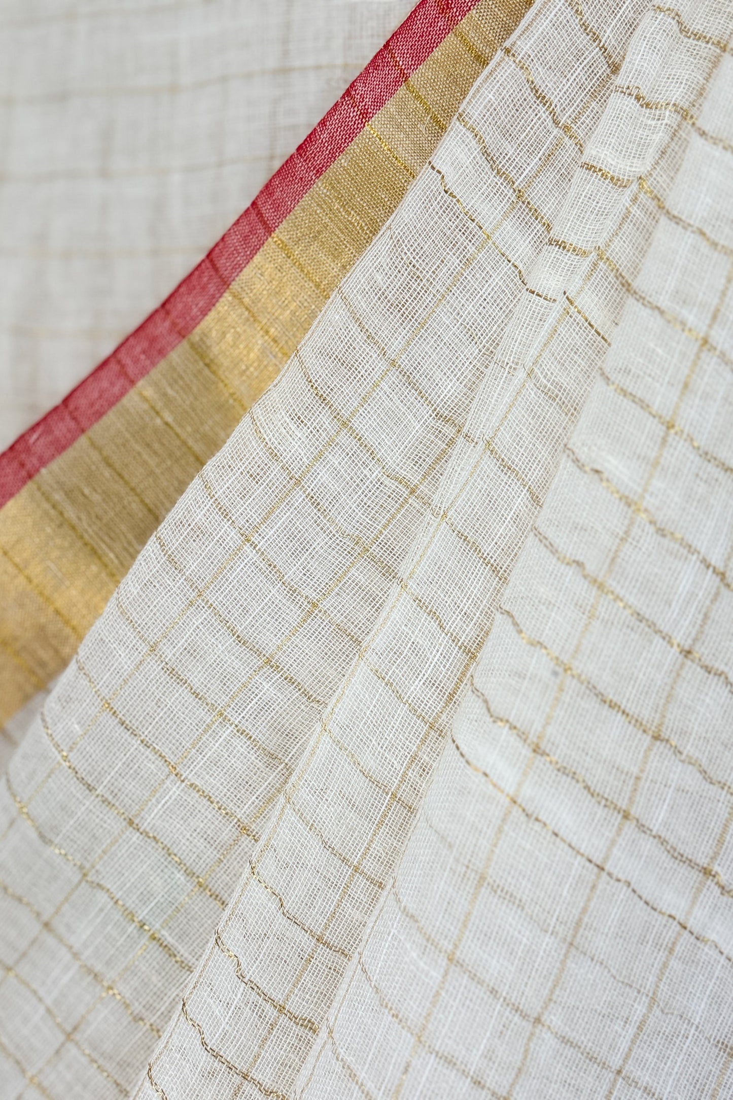 White Zari Check Linen Saree with Zari Palla