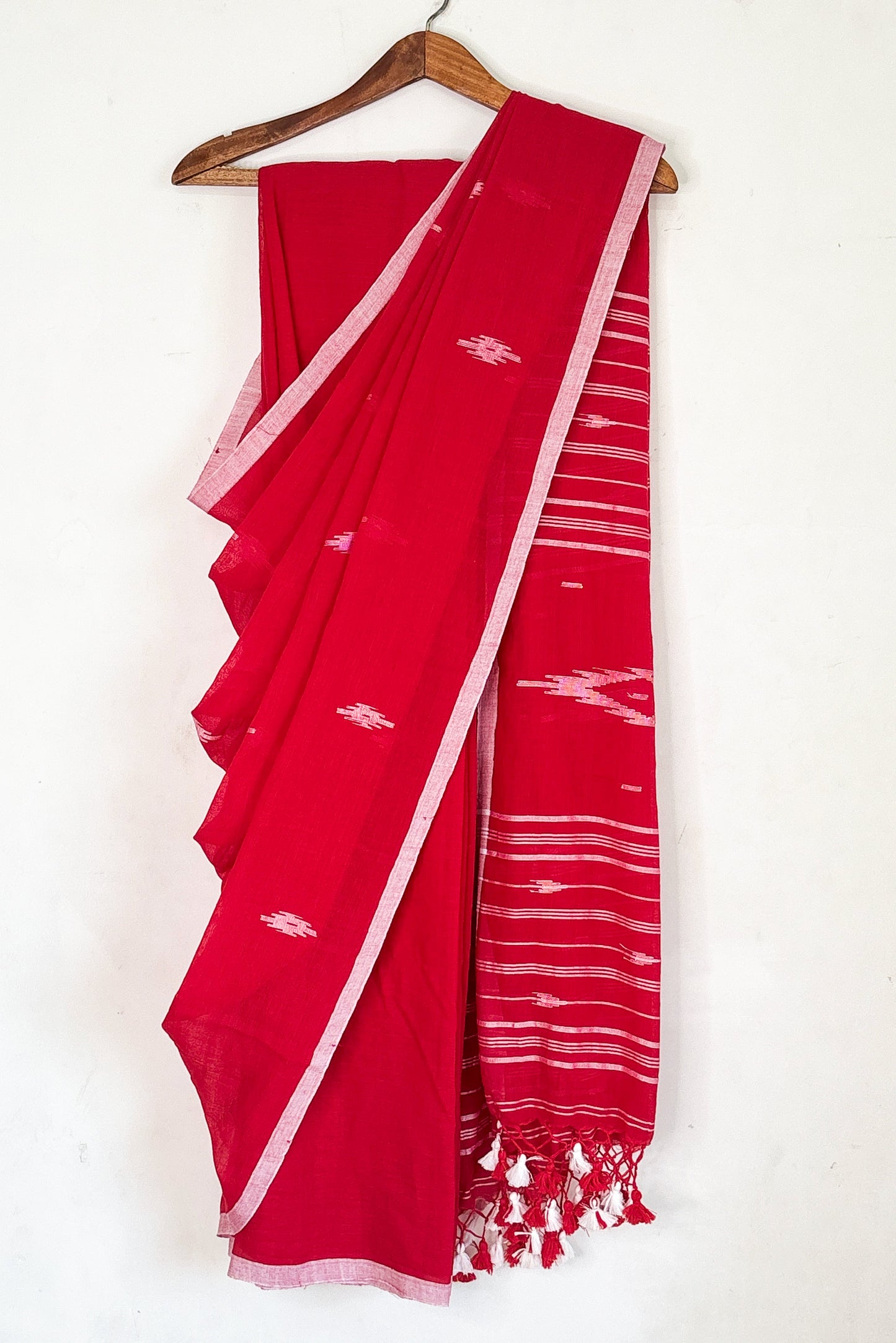Red Purely Handloom Needle Woven Jamdani Saree with White Borders