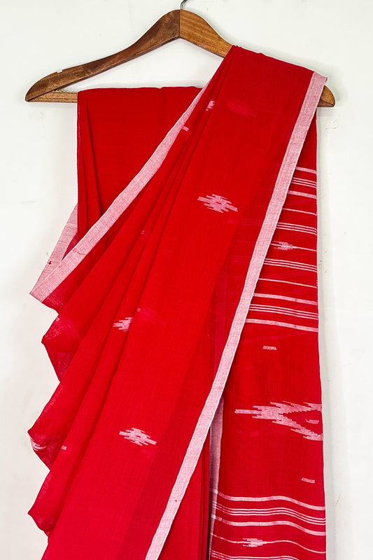 Red Purely Handloom Needle Woven Jamdani Saree with White Borders