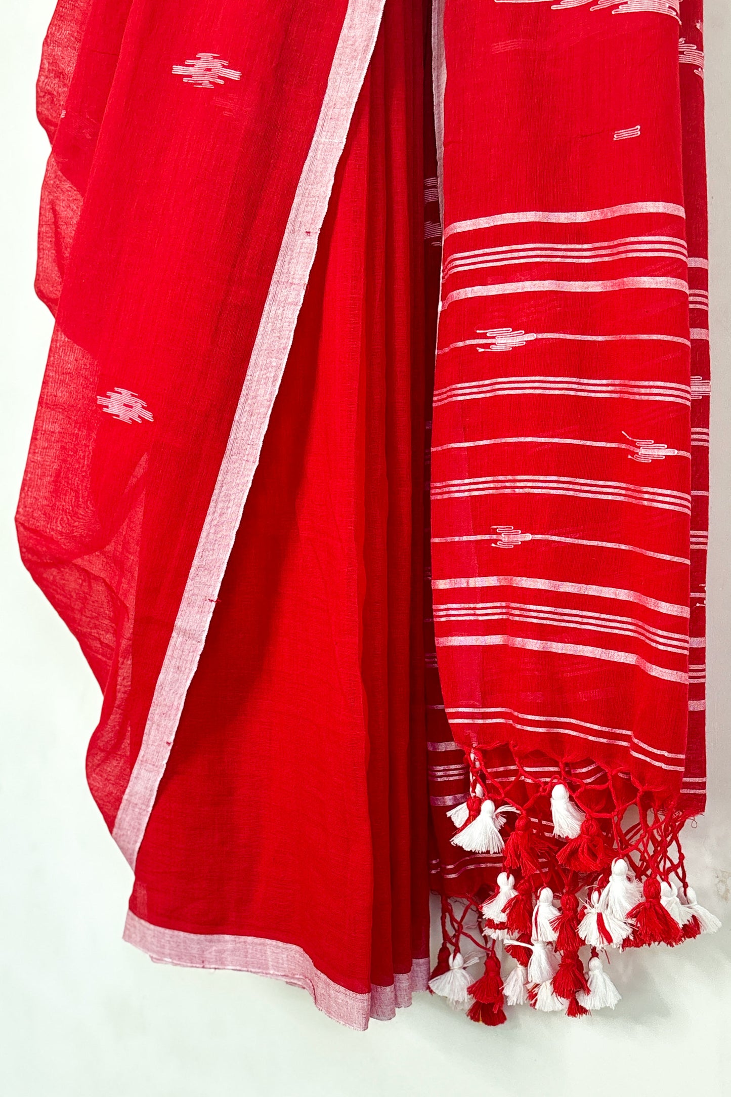 Red Purely Handloom Needle Woven Jamdani Saree with White Borders