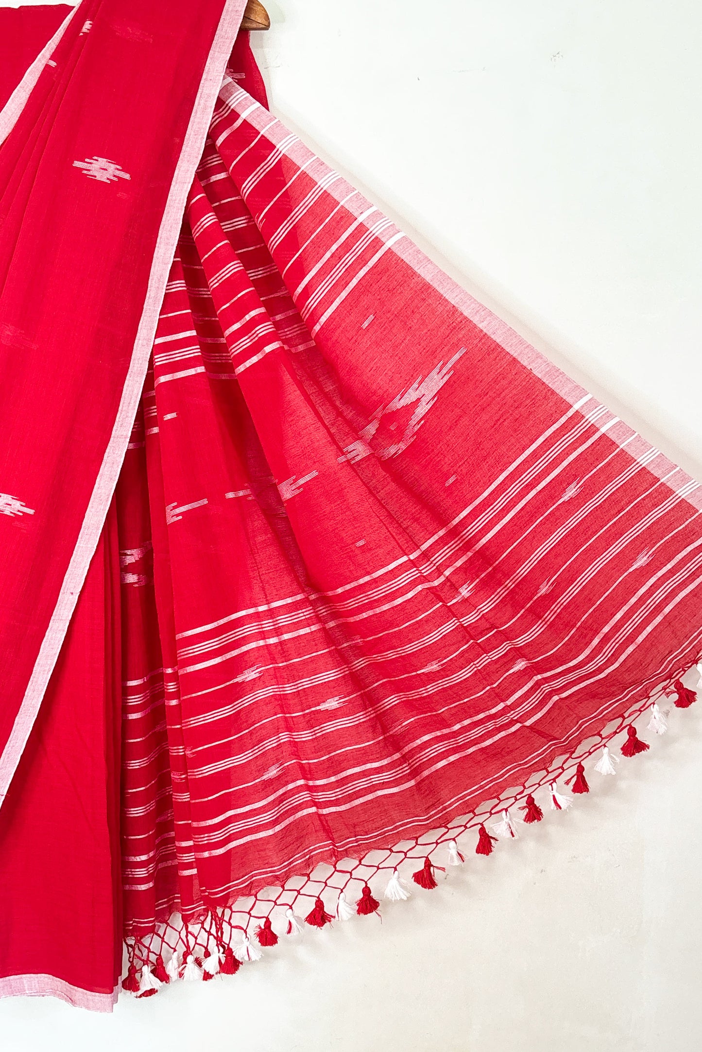 Red Purely Handloom Needle Woven Jamdani Saree with White Borders