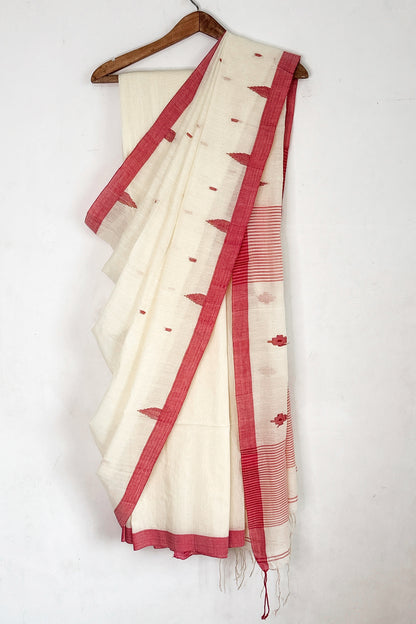 Off white Red Handloom Cotton Jamdani Motif Saree with Temple Borders