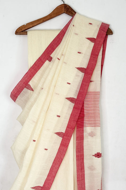 Off white Red Handloom Cotton Jamdani Motif Saree with Temple Borders