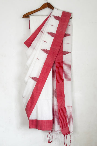 White Red Bengal Cotton Saree with Star Woven Palla