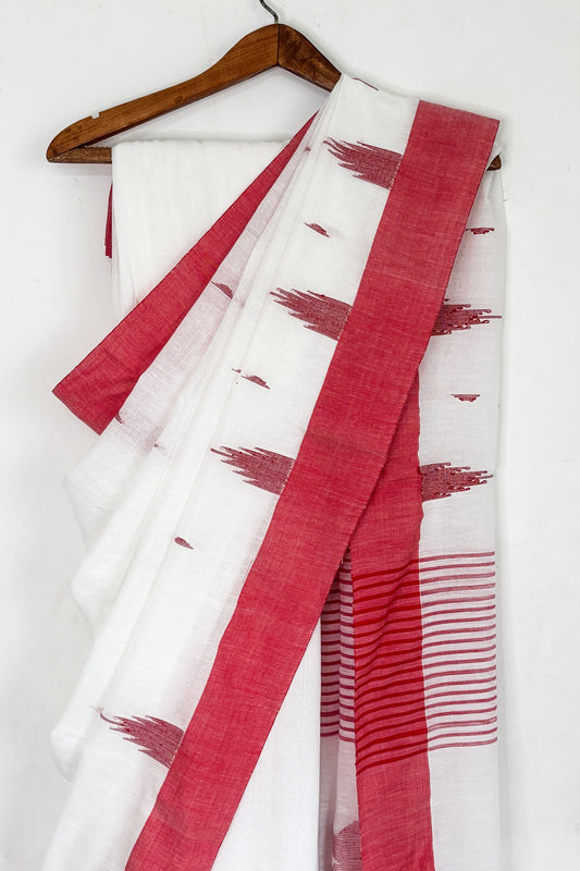 White Red Bengal Cotton Saree with Star Woven Palla