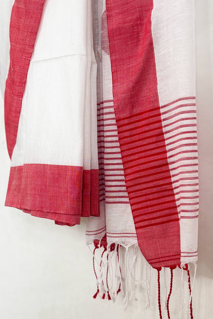 White Red Bengal Cotton Saree with Star Woven Palla