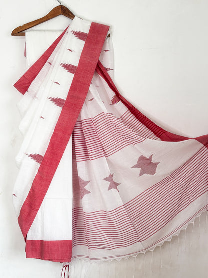 White Red Bengal Cotton Saree with Star Woven Palla