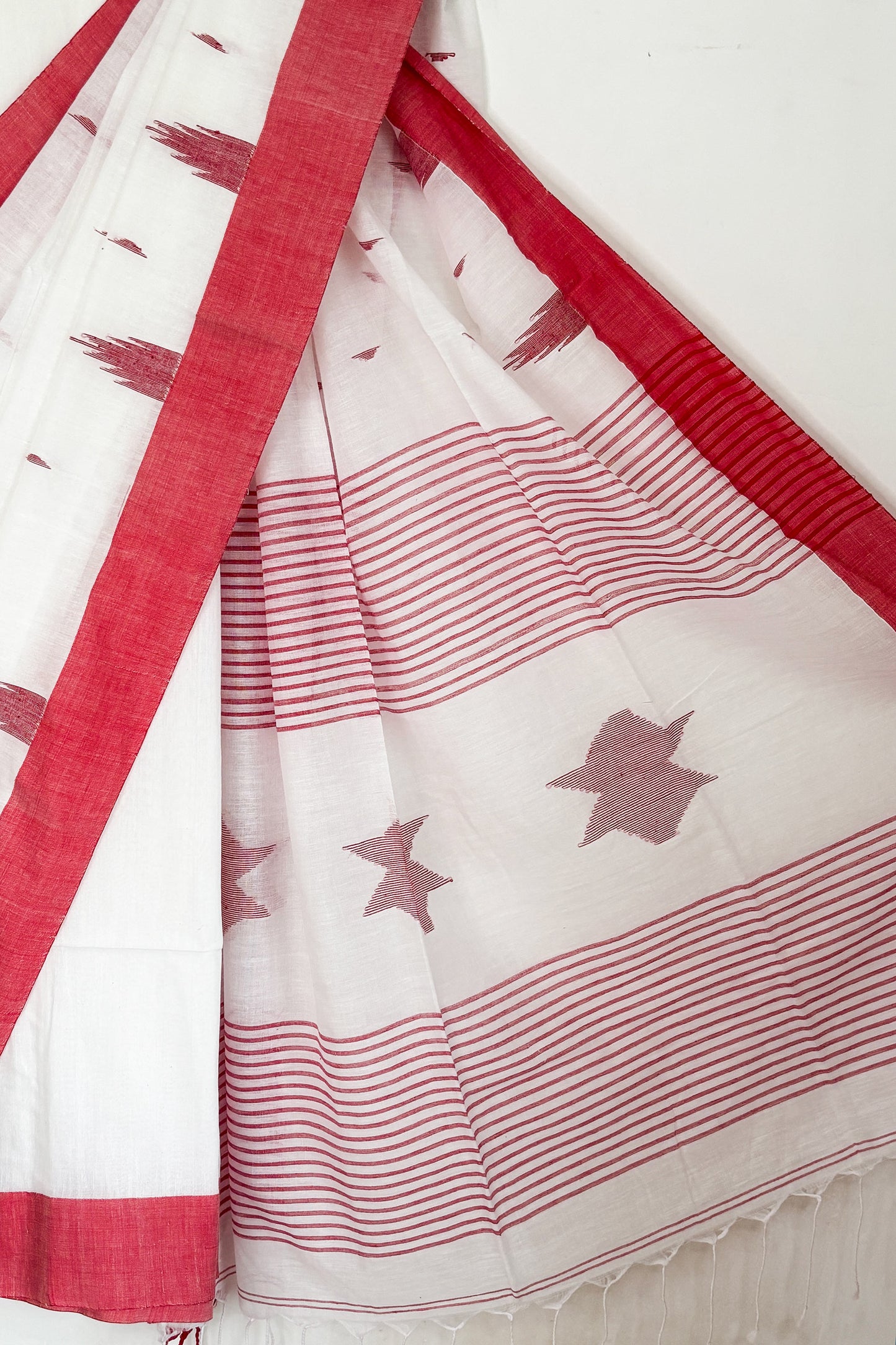 White Red Bengal Cotton Saree with Star Woven Palla