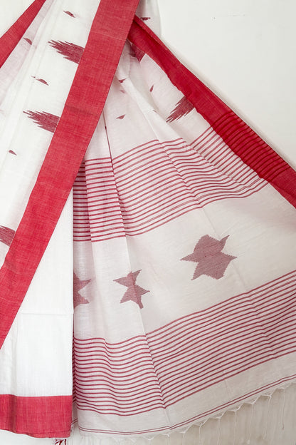 White Red Bengal Cotton Saree with Star Woven Palla