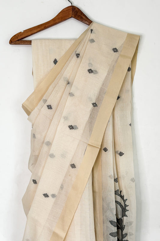 Cream Black Purely Handloom Needle Woven Jamdani Saree