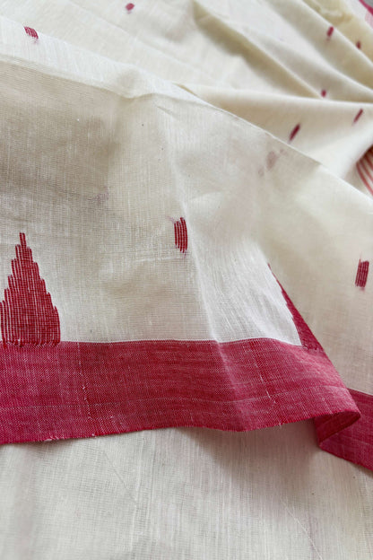 Off white Red Handloom Cotton Jamdani Motif Saree with Temple Borders