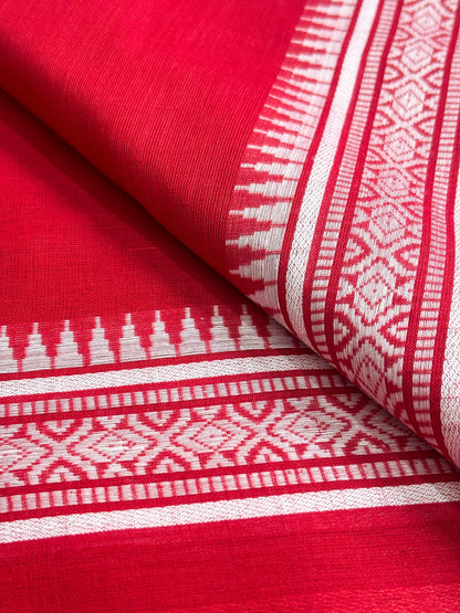 Red Cotton Dhaniakhali Saree with Thin Woven Borders