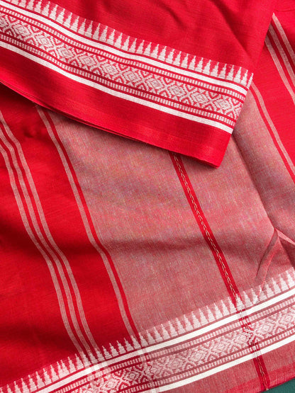Red Cotton Dhaniakhali Saree with Thin Woven Borders