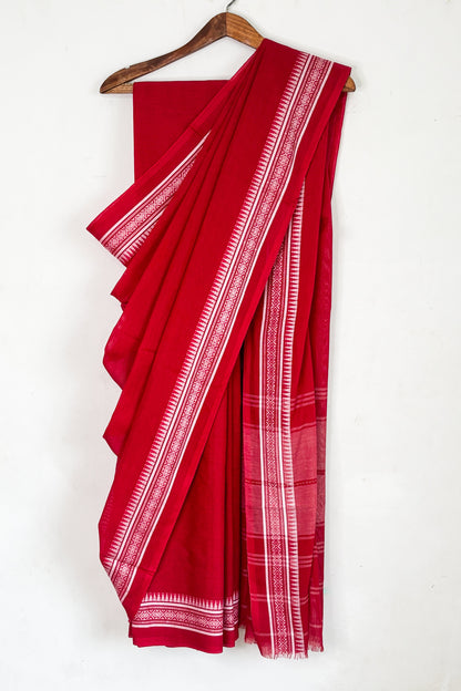 Red Cotton Dhaniakhali Saree with Thin Woven Borders