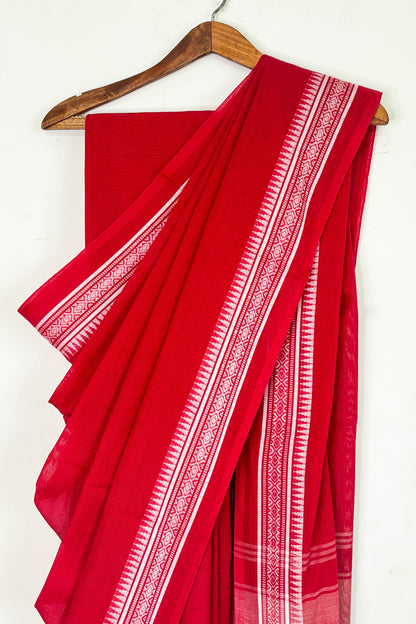 Red Cotton Dhaniakhali Saree with Thin Woven Borders